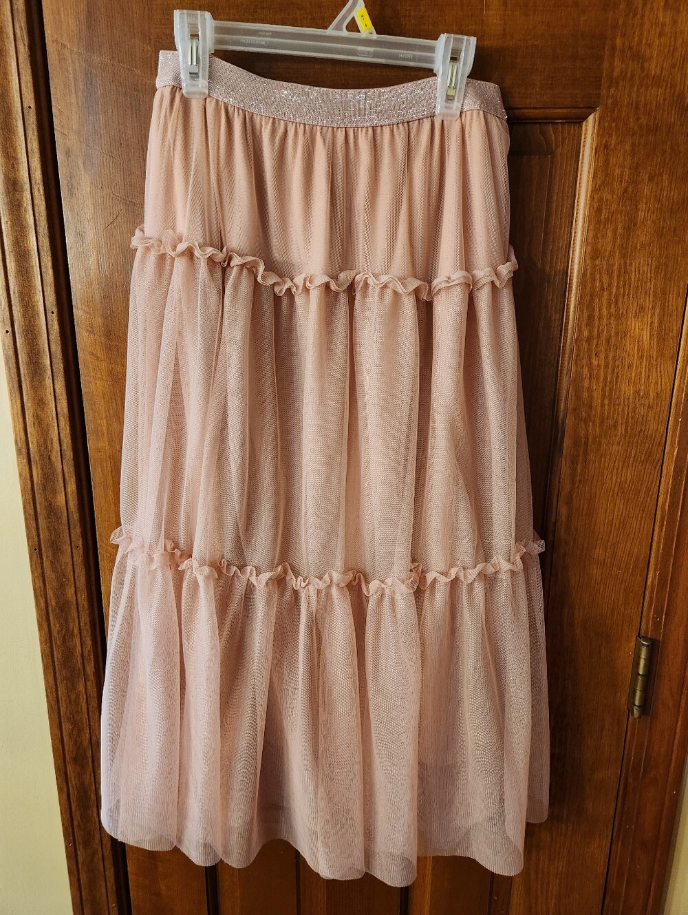 Tiered Pink Tulle Midi Skirt with Glitter Waistband
